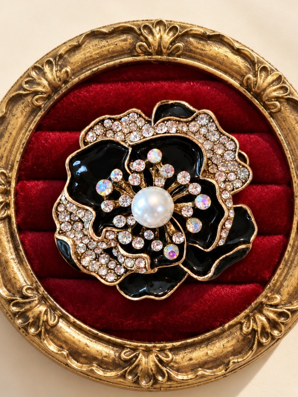 Black Rose Floral Crystal Brooch